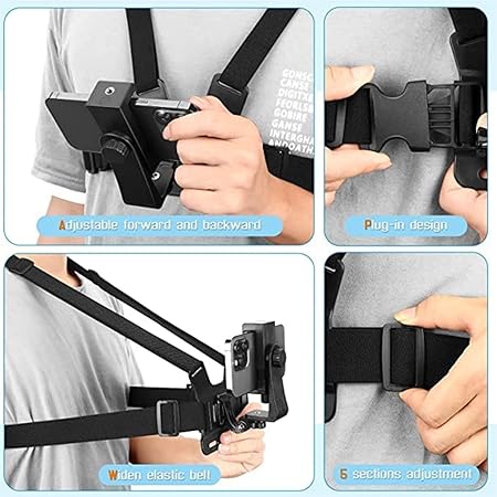 Adjustable Chest Strap Mount with Mobile Holder Clip & Screw Compatible with All Smart Phones Body Belt Harness for Gopro Hero, SJCAM, Yi & Other Action Cameras - Black
