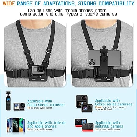 Adjustable Chest Strap Mount with Mobile Holder Clip & Screw Compatible with All Smart Phones Body Belt Harness for Gopro Hero, SJCAM, Yi & Other Action Cameras - Black