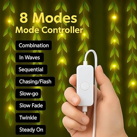 FLYNGO Artificial Leaf Curtain LED String Light, 200 LEDs, 8 Modes, Adjustable Brightness, Lights for Diwali Decoration, Home, Bedroom, Wedding, Party, Festive Decor (Warm White)