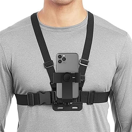 Adjustable Chest Strap Mount with Mobile Holder Clip & Screw Compatible with All Smart Phones Body Belt Harness for Gopro Hero, SJCAM, Yi & Other Action Cameras - Black