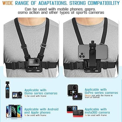 Adjustable Chest Strap Mount with Mobile Holder Clip & Screw Compatible with All Smart Phones Body Belt Harness for Gopro Hero, SJCAM, Yi & Other Action Cameras - Black