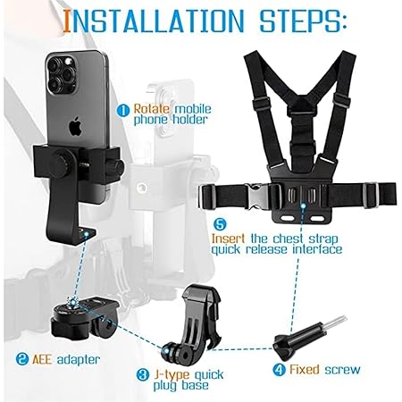 Adjustable Chest Strap Mount with Mobile Holder Clip & Screw Compatible with All Smart Phones Body Belt Harness for Gopro Hero, SJCAM, Yi & Other Action Cameras - Black