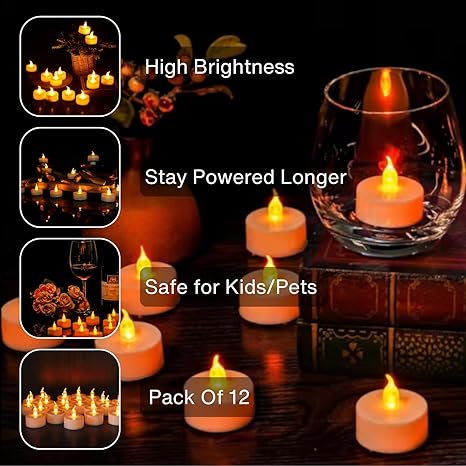 Amster Electric Tea Lights - Realistic Flameless LED Tealight Candles with Warm White Light for Home Décor, Wedding, Party, Diwali, Ganpati, Navratri, Anniversary Decor (Pack of 6)