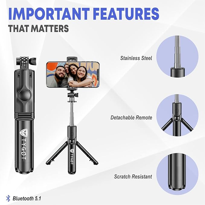 Bluetooth Extendable Selfie Sticks with Wireless Remote and Tripod Stand, 3-in-1 Multifunctional Selfie Stick with Tripod Stand Compatible with iPhone/OnePlus/Samsung/Oppo/Vivo and All Phones